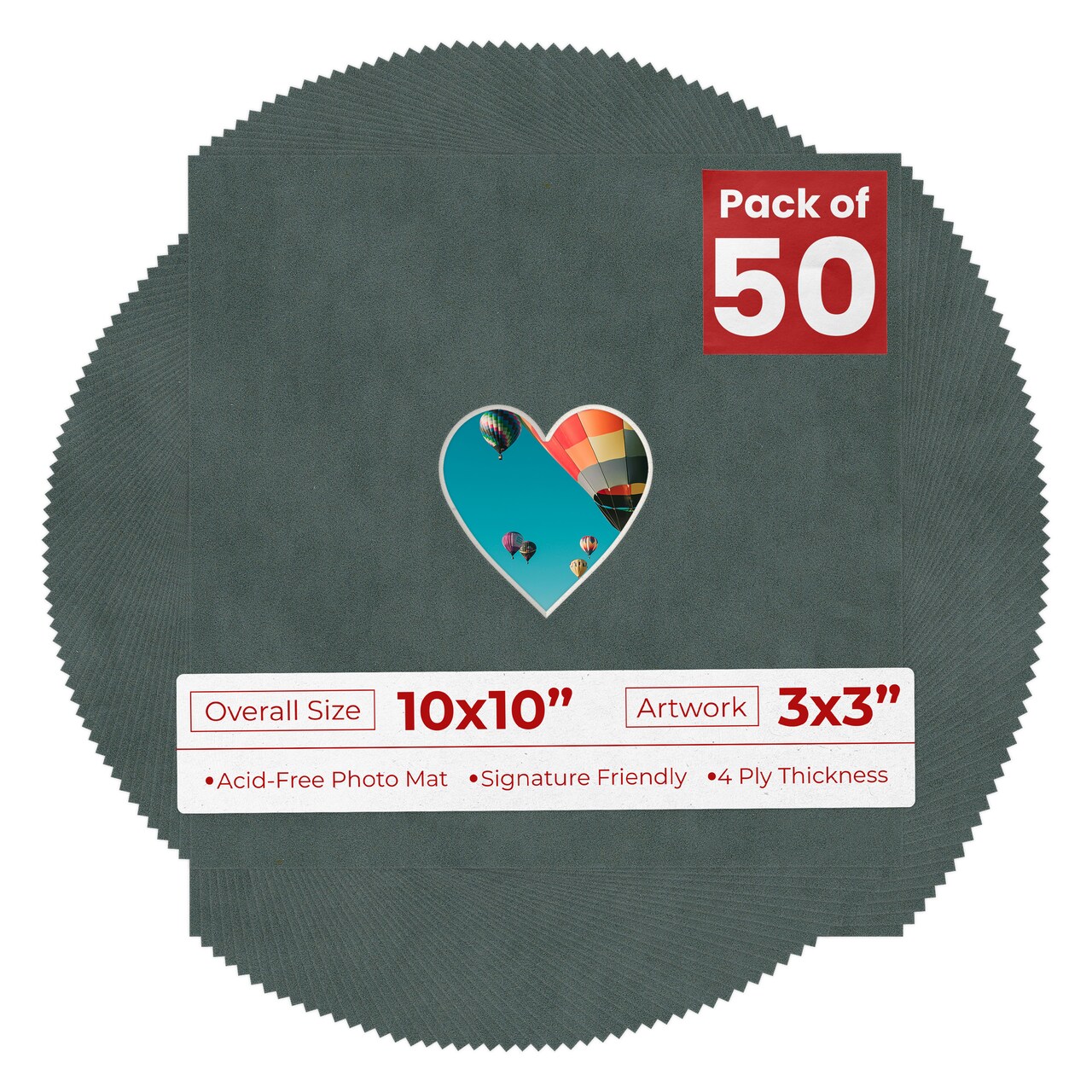 Dark Grey Suede Mat Board for 10x10 Frames - Heart Opening for 3x3 Photos
